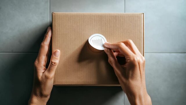 A person places a circular sticker on a brown cardboard box, highlighting packaging, branding, and delivery preparation. This image reflects trends in online retail and small business logistics