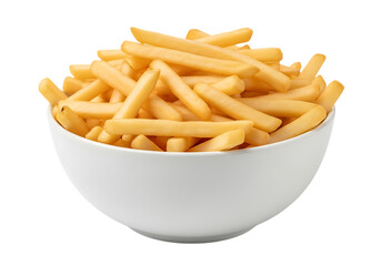 Delicious crispy golden french fries in a white bowl isolated shot
