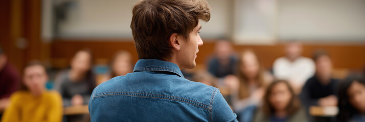 A young man enthusiastically presents to a group of attentive students in a university classroom, fostering an engaging learning environment full of curiosity and inspiration.