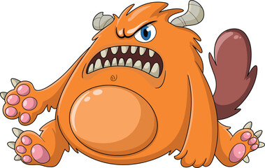 Angry cartoon orange monster with big teeth and claws, funny creature character illustration for fantasy, kids art and animation design