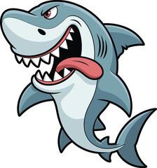 Fototapeta premium Angry cartoon shark with sharp teeth, funny sea predator illustration, ocean animal character art, aggressive fish mascot design, isolated background
