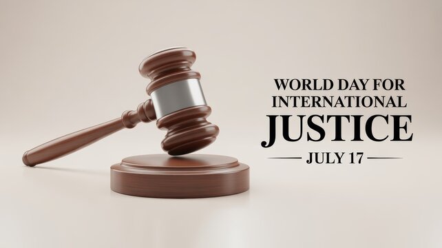 A gavel and world day for international justice july seventeenth on a beige colored background - Powered by Adobe