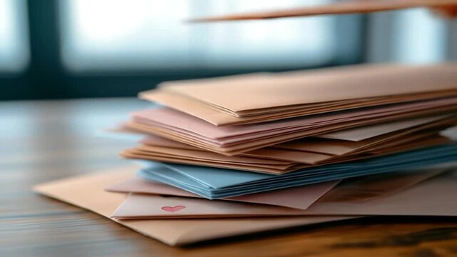 Stacked colorful envelopes on wooden surface with natural light communication concept