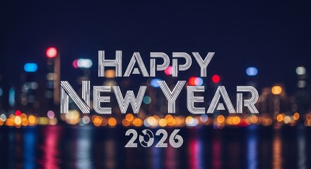 Happy New Year 2026 greeting text on a blurred background of a city skyline at night with colorful bokeh lights.