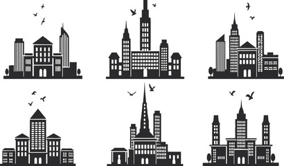 Obraz premium City skyline silhouettes collection, urban landscape vector illustration, architectural building shapes with skyscrapers, towers, birds, modern design elements for travel, culture themes