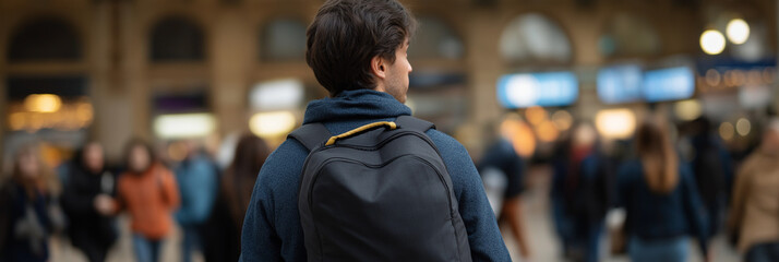 A young man stands thoughtfully in a busy station, gazing at the bustling crowd around him, embodying contemplation, solitude, and connection to urban life and its dynamics.