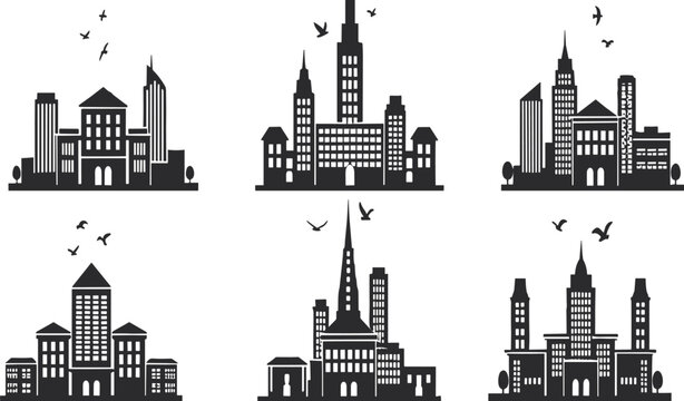City skyline silhouettes collection, urban landscape vector illustration, architectural building shapes with skyscrapers, towers, birds, modern design elements for travel, culture themes