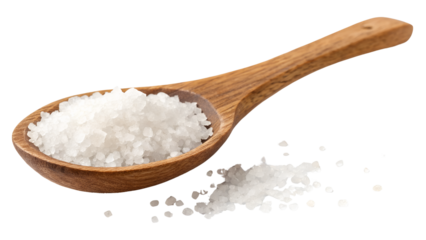 wooden spoon with white salt isolated on white or transparent png