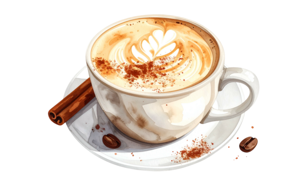 An artistic latte in a white cup, latte art, cinnamon sticks, beans, plate