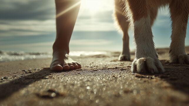 Barefoot girl and dog paws side by side on sand. Sand surrounds girl's feet and dog's paws, capturing sunlight. Girl and dog stand together on sandy beach.