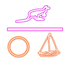 Abstract neon outline art featuring kangaroo, sailboat, circle, and line graphics