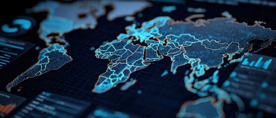Digital world map interface with strategic overlays. Global diplomacy concept geopolitical analysis international strategy technology for diplomatic planning system and risk mitigation coordination.