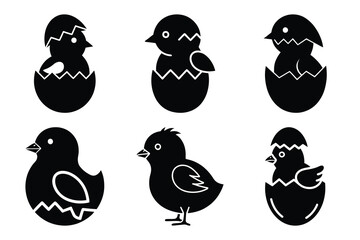 chick hatching icon set silhouette on white background