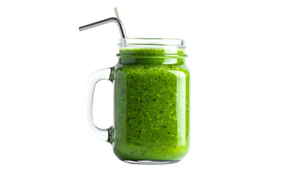 A vibrant green smoothie in a mason jar with a metal straw, against a black background