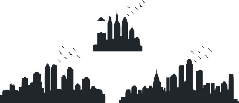 City skyline silhouettes collection, urban landscape vector illustration, black architectural outlines, modern skyscraper design, travel theme artwork, decorative stock graphic, birds clouds