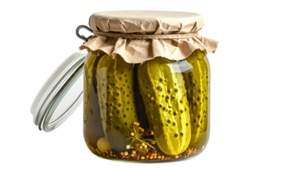 A jar of preserved, crisp cucumbers, a lid partly open, revealing brine and spices