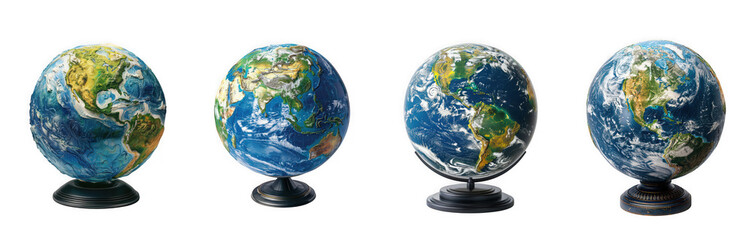 Four globes showing planet earth isolated on transparent background