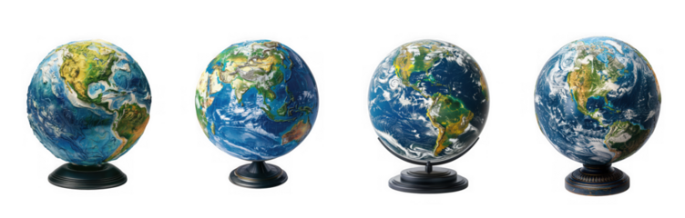 Four globes showing planet earth isolated on transparent background