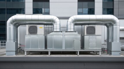Air handling unit with ductwork and cooling systems. HVAC technology concept building ventilation climate control infrastructure for air flow management system and building maintenance technology.