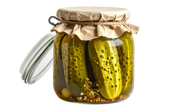 A jar of preserved, crisp cucumbers, a lid partly open, revealing brine and spices