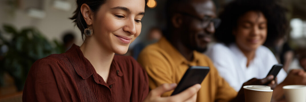 A group of three friends sit at a cozy café, engaged in their smartphones while enjoying coffee, portraying a warm, friendly atmosphere filled with connection and comfort.