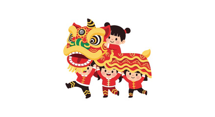 Playful children performing a traditional Chinese Lion Dance with vibrant costumes.