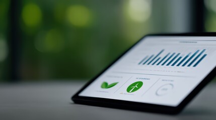 Modern financial dashboard displaying eco friendly charts with renewable energy icons and sustainable growth indicators. Green economy responsible investment and environmental business concept.
