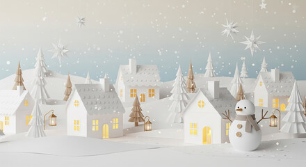 Fototapeta premium Nordic Minimal White Papercraft Christmas Village with Snow Cottage and Snowman – Elegant Winter Scene