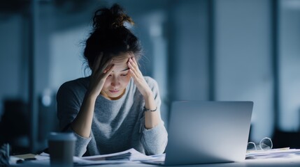 Asian woman experiencing work burnout sitting at minimalist desk with hands covering face, laptop glow illuminating exhausted tired expression, perfect for mental health awareness concept.