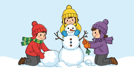 Cute Cartoon Children Building a Snowman Together on a Winter Day Happy Kids in Warm Clothes Playing in Snow Winter Wonderland Fun Activity Illustration for Holidays and Seasons