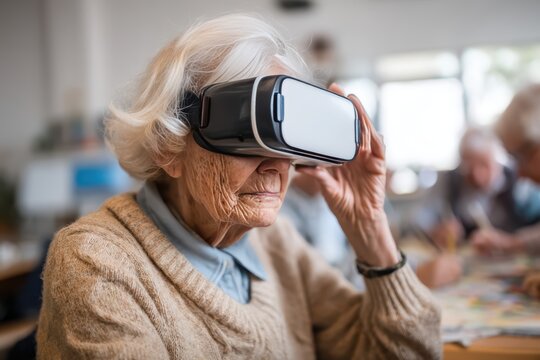 Older woman using virtual reality headset to learn painting techniques in art class, perfect for lifelong education technology integration and senior learning concept imagery for all ages marketing.