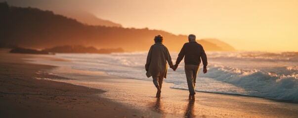 Senior couple holding hands while walking along peaceful beach at sunset reflecting on life journey together, perfect for active aging timeless love and elderly romance relationship concept.