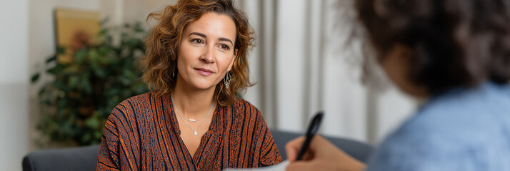 A thoughtful woman engaging attentively in a counseling session, representing emotional support, empathy, and the importance of mental health conversations.