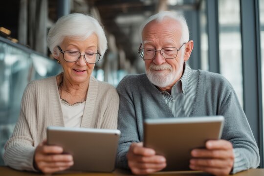 Senior couple using tablets together to learn digital skills at comfortable home setting, perfect for education for all ages modern learning and elderly technology literacy partnership concept.