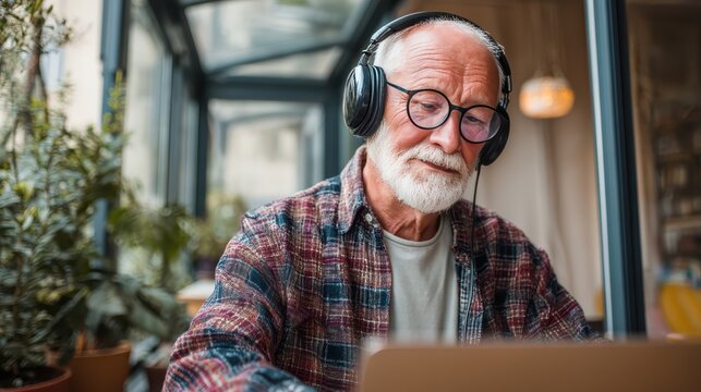 Senior man attending online digital literacy course wearing headphones at computer with focused concentration, perfect for education for all ages lifelong learning and reskilling technology concept. - Powered by Adobe