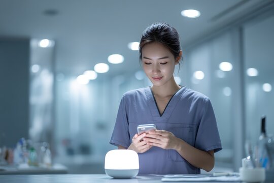 Nurse calmly using artificial intelligence driven health assistant device in modern medical setting, perfect for healthcare innovation AI empowerment and digital technology integration concept.