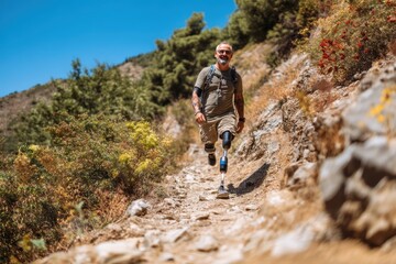 Happy active man with prosthetic leg hiking on scenic mountain trail enjoying nature and outdoor adventure, perfect for diversity inclusion accessibility and adaptive outdoor lifestyle concept.