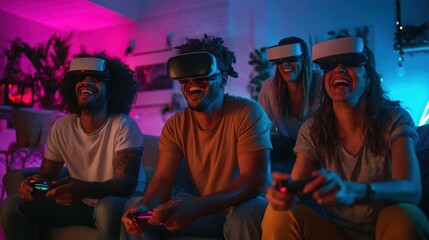 Group of friends enjoying casual virtual reality gaming session at home laughing and interacting. Immersive entertainment social connection VR gaming friendship bonding fun technology and engagement.