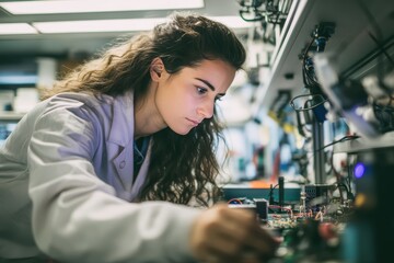 Female engineer in high-tech lab meticulously examining complex circuit board focused and determined. Future of work innovation professional expertise technical research development and stem career.