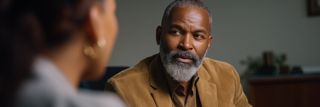 A distinguished man with a beard is engaged in a serious conversation with a woman, showcasing professionalism amidst a warm and focused atmosphere filled with intent. - Powered by Adobe
