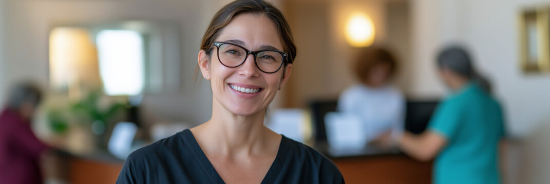 A smiling healthcare professional in scrubs stands confidently at a reception desk, exuding warmth and approachability, ready to assist patients in a welcoming environment.
