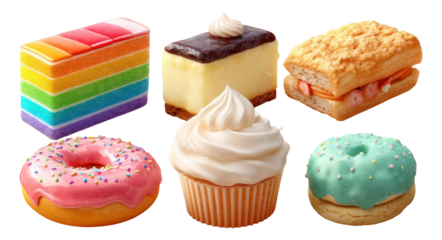 Colorful Dessert Collection with Cake, Cupcake, Donut and Pastry on Isolated Background