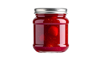 A jar of glistening, ruby-red preserve with whole berries, sealed with a metal lid