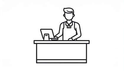Line icon of a cashier at a checkout counter with a point of sale system. Vector illustration of a retail worker or barista in an apron