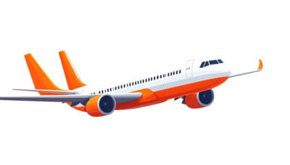 Illustration of an orange and white commercial jetliner in mid-flight on a black background