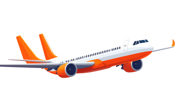 Illustration of an orange and white commercial jetliner in mid-flight on a black background - Powered by Adobe