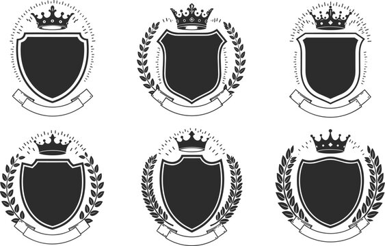 Royal heraldic shield emblems with crowns and laurel wreaths, vintage coat of arms collection, blank crest templates for logo and design.