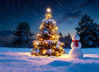 Enchanted Scene with Christmas Tree and Snowman