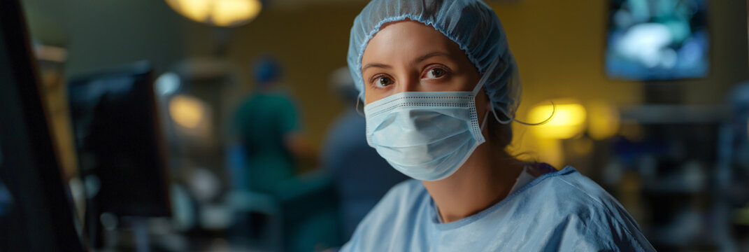A healthcare worker dons a surgical mask and cap, displaying focus and determination in a sophisticated operating room filled with medical equipment and attentive staff performing surgery.