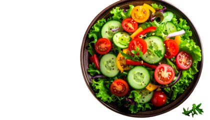 Vibrant close-up of a colorful, fresh salad bowl on a black background